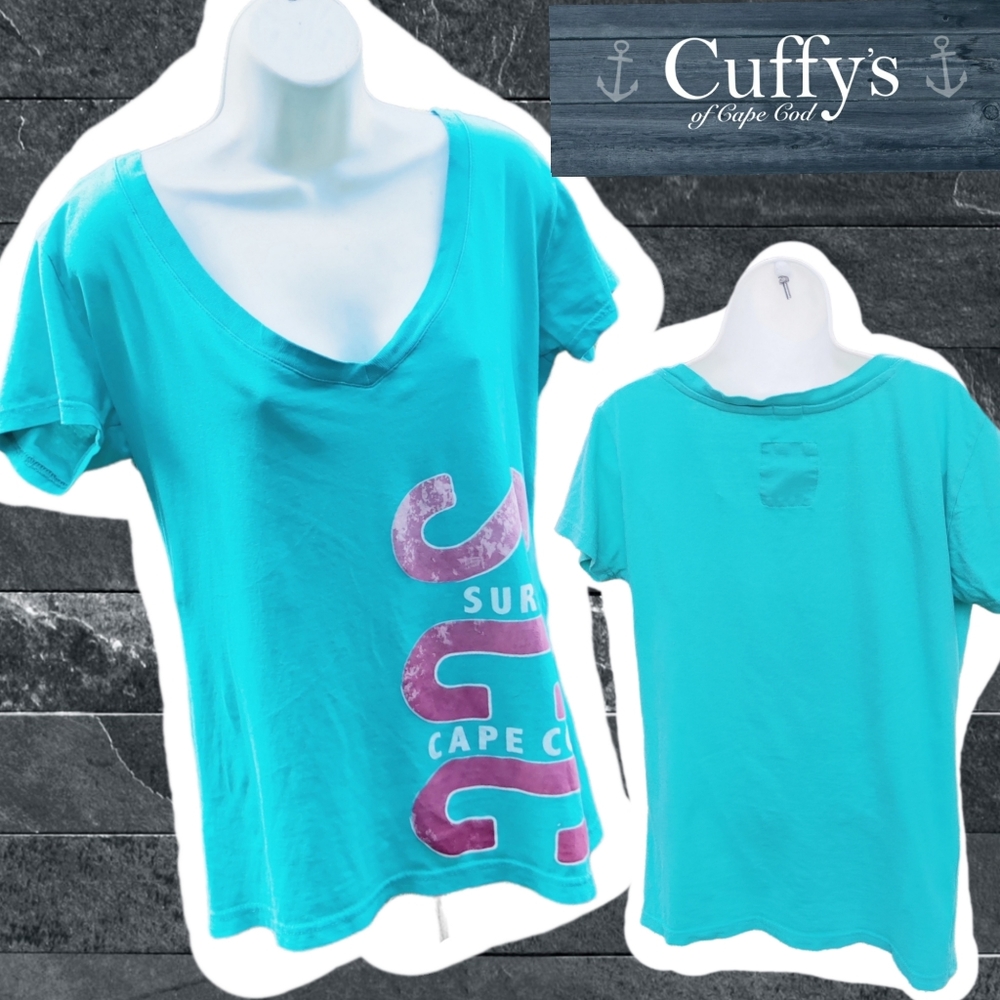 🗺️ Cuffy's Cape Cod Atlantic Est. 1980 Deep V-Neck Aqua Surf Cape Cod T-shirt